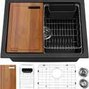 Davivy 22 Inch Black Granite Composite Kitchen Sink Workstation, 22 x 18 Black Undermount/Drop In Kitchen Sink, Deep Quartz Single Bowl with Accessories