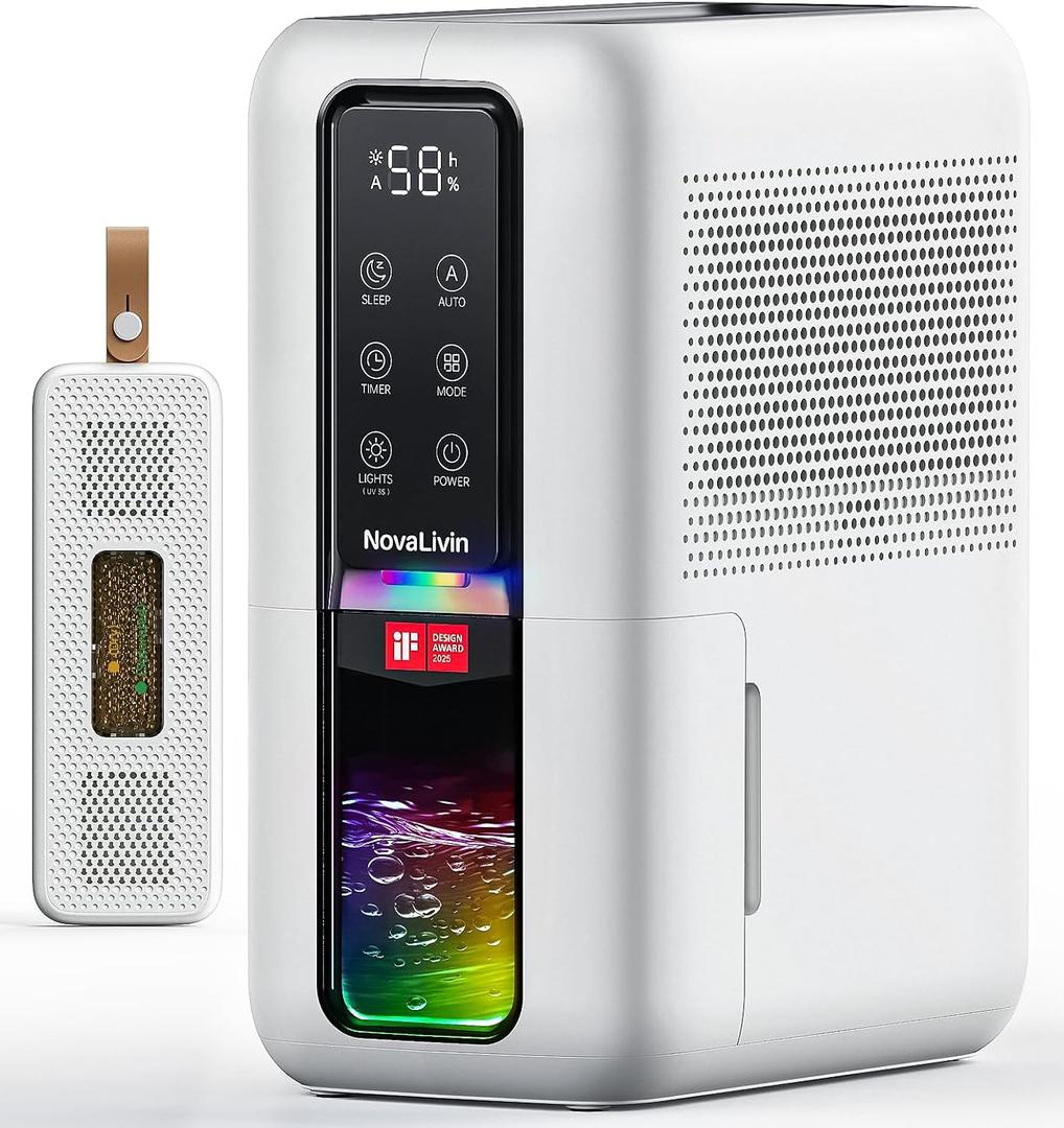 Dehumidifier for Home, Dehumidifiers for Bathroom, Bedroom, Living room, Closet with 68 OZ Water Tank, Moisture Absorbers, Auto Shut Off, Auto Humidity Control, 7 Colors LED Light, Black and White