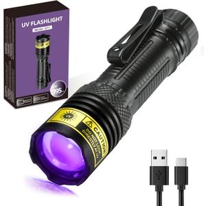 DARKDAWN UV Flashlight 395nm Black Light Mini USB Rechargeable Ultraviolet LED Blacklight Woods Lamp for Pet Urine Stains, Scorpions, Resin Curing