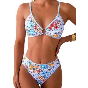 Fanuerg Women's Triangle Bikini Sets O Ring Linked Two Piece Swimsuits Floral Printed Cheeky Bathing Suit (Medium)