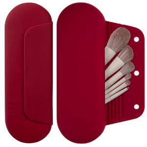 Silicone Makeup Brush Holder Travel Cosmetic BagSoft Portable Cosmetic Face Brushes Holder with Upgrade Anti-Fall Out Magnetic Closure, Large Travel Makeup Brush Case - Red