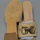 Coutgo Womens Raffia Slide Sandals Chunky Block Heeled Square Open Toe Metal Chain Slip on Mules Dressy Shoes. size 11