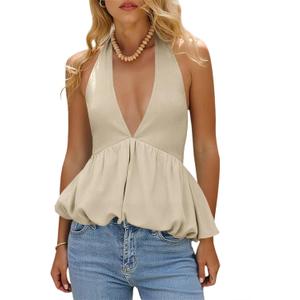 Tankaneo Womens Deep V Neck Halter Tank Tops Summer Trendy Casual Bubble Hem Tie Back Sleeveless Shirts Apricot (Beige, M)