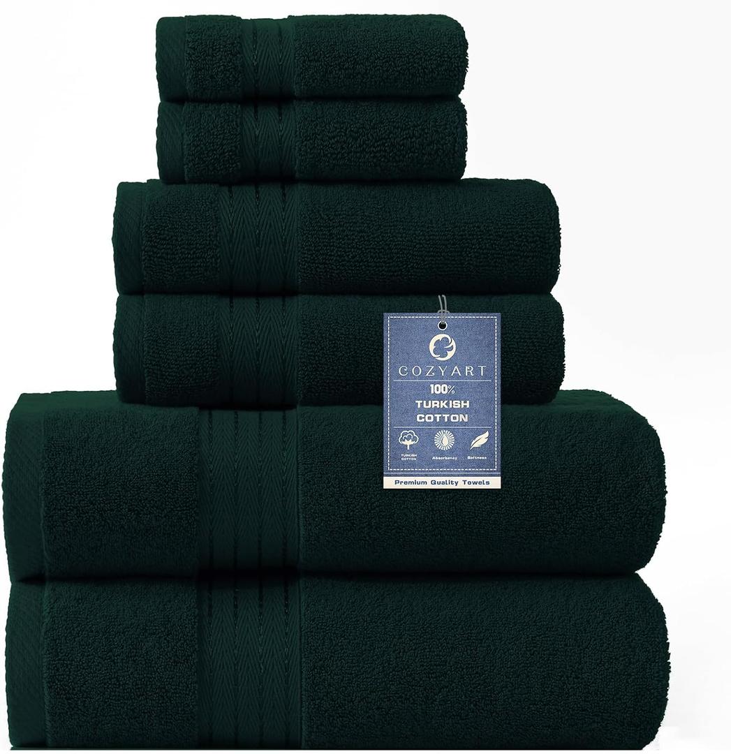 COZYART Deep Forest Green Bath Towel Set, Cotton Towel for Bathroom, Thick Soft Absorbent Bathroom Set of 6 with 2 Bath Towels, 2 Hand Towels, 2 Washcloths, 650 GSM, 6 Piece Towel Set
