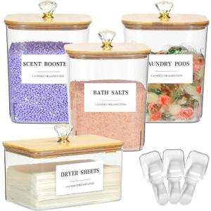 4 Pack Clear Laundry Pods Container & Dryer Sheet Holder Set with Lid, Laundry Containers with Scoops & Labels, Laundry Room Organization and Storage for Laundry Detergent, Pods, Powder, Beads