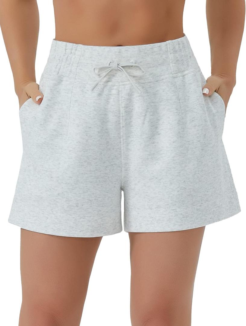 THE GYM PEOPLE Women's Drawstring Sweat Shorts High Waisted Summer Workout Lounge Shorts with Pockets Heather White S