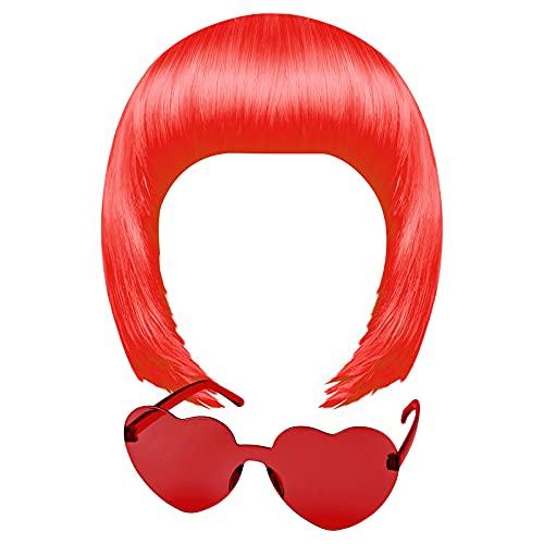 MIAHART Red Short Bob Wig and Sunglass Set, Neon Colored Wigs Costume Colorful Cosplay Wigs Daily Party Hairpieces for Bachelorette Glow in The Dark Neon Party Favors Halloween Decorations Supplies