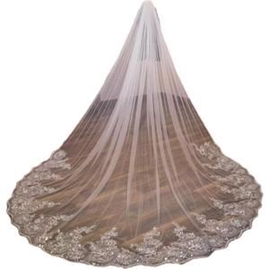 Womens 1 Tier Long Cathedral Lace Applique Wedding Bridal Veil With Metal Comb (13.8"D x 70.9"W x 26.8"H)
