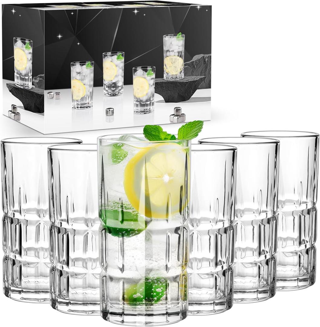 10oz Highball Glasses, 6pc Tall Glass Sets, Lead-free Crystal Water Glassware for Whiskey, Cocktail