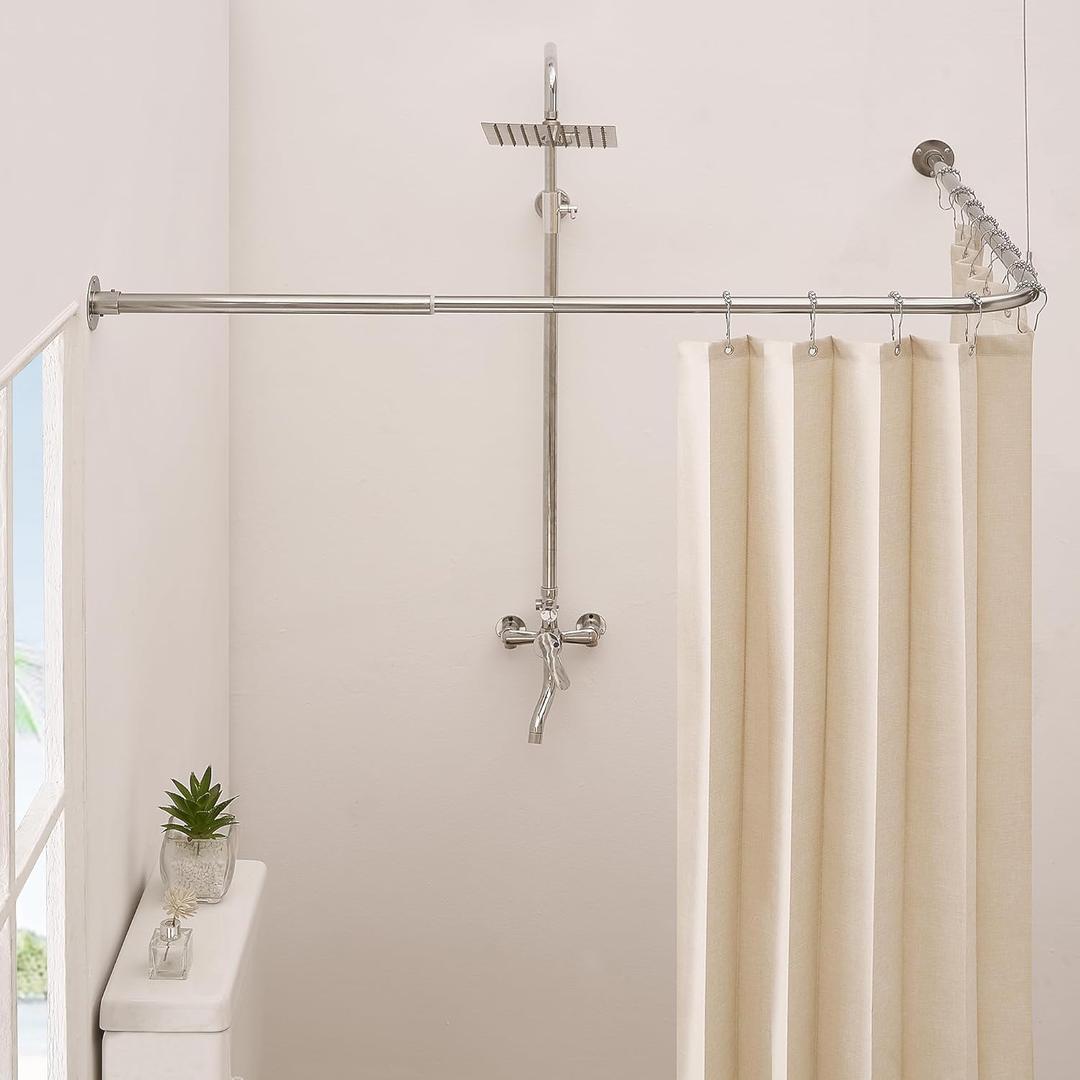 Corner Shower Curtain Rod, Brushed Nickel [24"-53"] x [24"-53"] Adjustable L Shaped Shower Rod No-Sagging 90 Degree Curved Curtain Rod for Bathroom Bathtub with 12 Ring Hooks & Ceiling Support