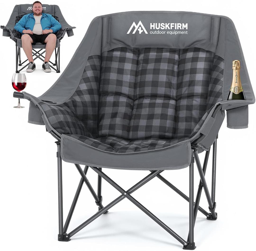 Huskfirm Oversized Camping Chairs for Adults Folding Padded Camping Chair Heavy Duty XL Camping Chair - 400LBS Support Lawn Chairs for Outdoor Sports Beach Fishing with Cup Holder & Carry Bag, 21.65 inches x 18.5 inches x 39.4 inches