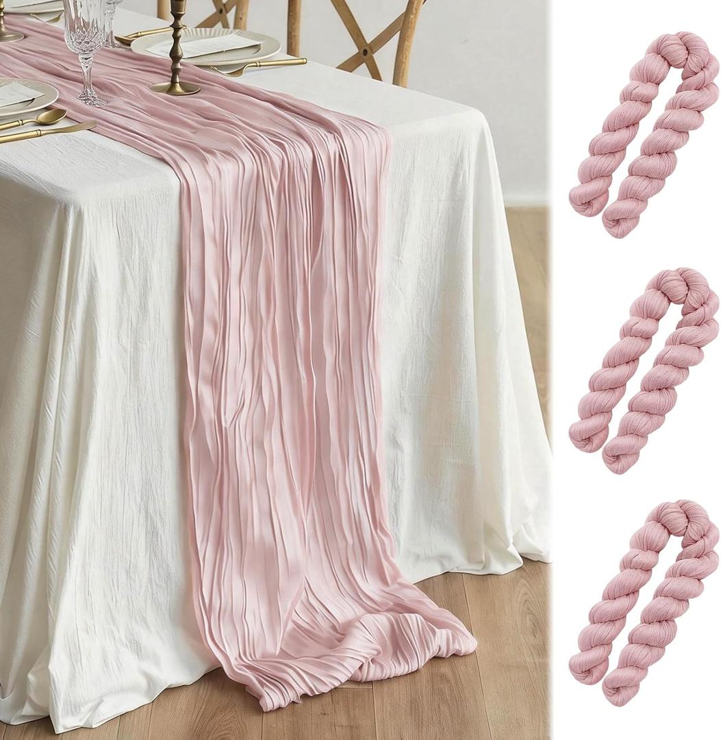 3 Pcs Dusty Pink Cheesecloth Table Runner, 35"120" Cheese Cloth Boho Gauze Rustic Sheer Table Runner, Table Decorations for Valentine'Day Wedding Bridal Baby Shower Birthday Holiday Home Decor