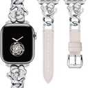 Minyee Compatible with Apple Watch Band 42/41/40/38/44/45/46/49mm Women, Dressy Slim Elegant Leather Metal Chain Strap with Bling Camellia Charms for iWatch Series 11 10 9 8 7 6 5 4 SE/Ultra 3 2 1