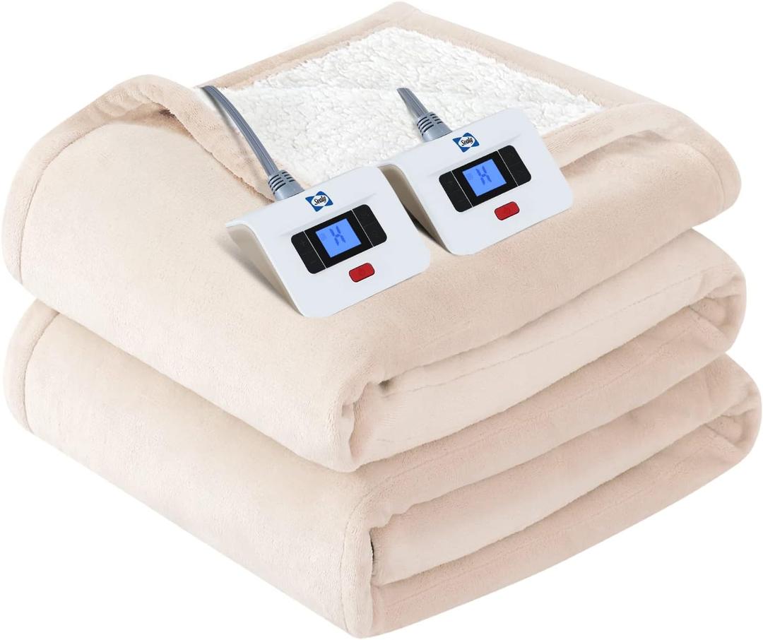 SEALY Electric Blanket Queen Size, Flannel & Sherpa Heated Blanket with 10 Heat Setting & 1-12 Hour Auto Shut Off, Fast Heating Blanket, Machine Washable, Beige, 84 x 90 Inch