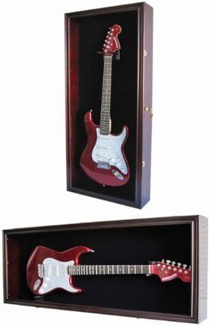 DisplayGifts 42" Electric Guitar Display Case Cabinet Shadow Box with Guitar Hanger Stand, Lockable UV Protection Black Felt Interior with Mahogany Finish Frame