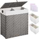 Greenstell Laundry Hamper with lid, No Install Needed, 110L Wicker Laundry Baskets Foldable 2 Removable Liner Bags, 2 Section Clothes Hamper Handwoven Rattan Laundry Basket with Handles, Gray