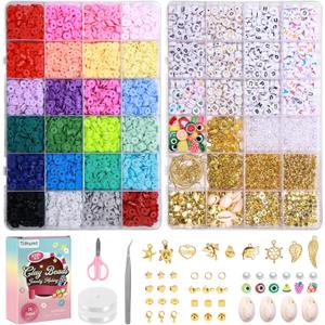 Tilhumt Clay Beads Bracelet Making Kit for Adults, 6700 Pcs 24 Colors Preppy Flat Polymer Clay Beads for Friendship Jewelry Making Polymer Heishi Bead with Charms Kit, Gifts for Art and Craft Lovers