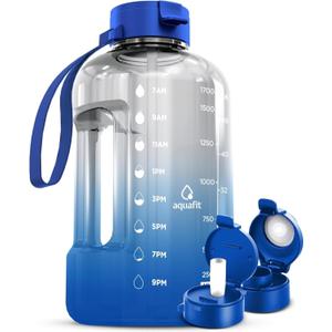AQUAFIT 64 oz Water Bottle with Time Marker - Straw & Chug Lid - BPA Free Half Gallon Gym Water Bottle with Handle - Big Gallon Jug (Blue Skies, 64 Ounces)