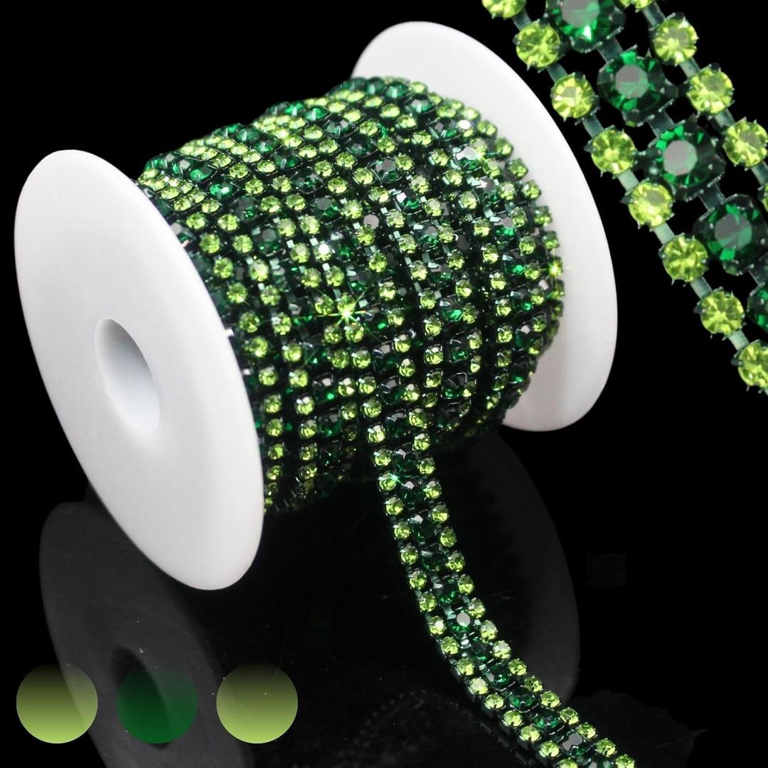 PEARLY JUN 3 Yards 3 Rows Peridot Emerald Rhinestone Chain Bling Crystal Trips Diamond Applique Silver Fringe Trim for Crafts Dress Applique Clothing Sewing Embellishments