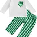 Ayalinggo St Patricks Day Baby Girl Boy Outfit Green Shamrock Long Sleeve Shirt Top Plaid Pants Set Saint Patrick's Clothes (White)