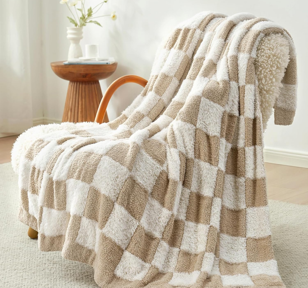 Snuggle Sac Checkered Throw Blanket Faux Fur Microfiber Blankets for Couch,Cozy Soft Warm Blanket for Sofa Bedroom Living Room,Beige Checker,50x60 inches