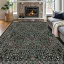 8x10 Washable Area Rugs for Living Room, Stain Resistant Vintage Rugs for Dining Room Under Kitchen Table, Bedroom, Floral Low Pile Non-Slip Large Carpet (8 x 10 Dark Green)