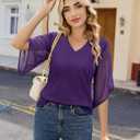 Uhiger 3/4 Length Sleeve Womens Tops V Neck Chiffon Blouse Dressy Casual Double Layered for Weekend Outings and Everyday Wear (Purple, XXL)