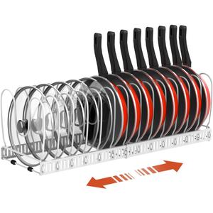 Housolution Pot and Pan Organizer Rack for Cabinet, Upgraded Expandable Pot Lid Organizer with 14 Adjustable Dividers, Pan Holder Storage Rack for Kitchen Cabinet, White