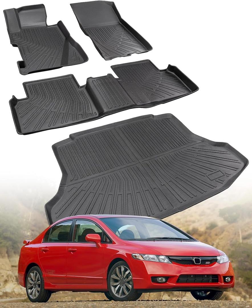 Floor Mats for Honda Civic: 2006-2011 (Gas Sedan) All Weather Rubber Car Accessories, TPE Black Full Coverage Cargo Liner & Carpets Front Rear Custom Fit for Civic 4-Door 2011 2010 2009 2008 2007 2006