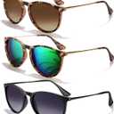 CHBP Sunglasses Womens Men Polarized UV Protection Trendy Vintage Retro Round Mirrored Lens Sunglasses For Women (A-3pack-leopard Frame Green Lens+black Frame Gradient Grey Lens+leopard Frame Brown Lens)