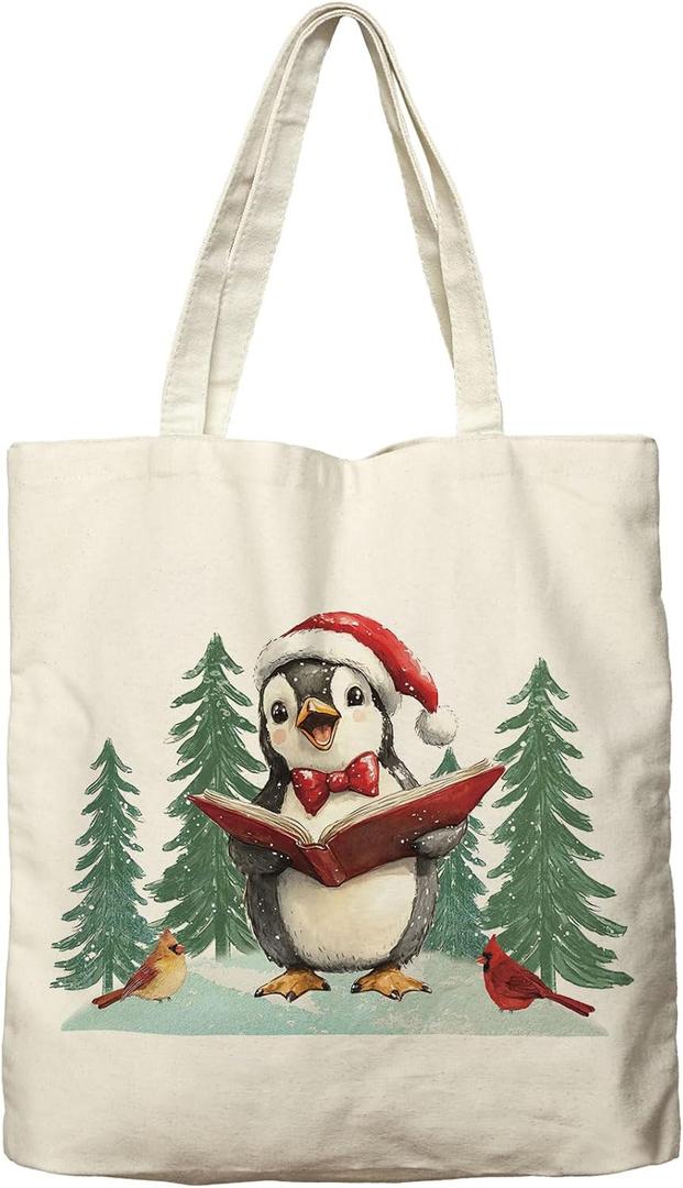Dlzdn Christmas Penguin Tote Bag Winter Reusable Shopping Grocery Bag Beach Bag Birthday Gifts for Women Teacher
