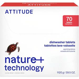 ATTITUDE Dishwasher Pods, Plant-Based & Vegan, Phosphate-Free Detergent Tablets, Naturally Derived, Unscented, 70 Count