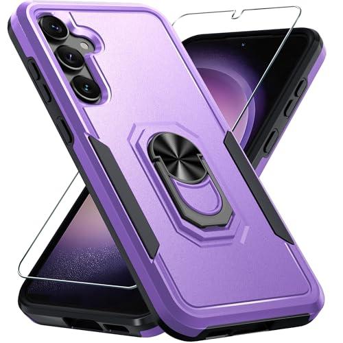 Compatible with Samsung Galaxy S24/S25 Case with Screen Protector Tempered Glass,Heavy Duty Shockproof Full Body Phone Cover Built in Metal Ring Holder Kickstand,2025 Lavender