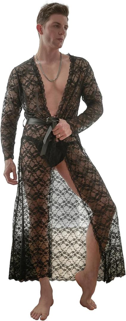 Mens Robes Lightweight Mesh Lingerie Transparent Sleepwear Ultra thin Pajamas Suit Nightgown Robe for Men (Black)