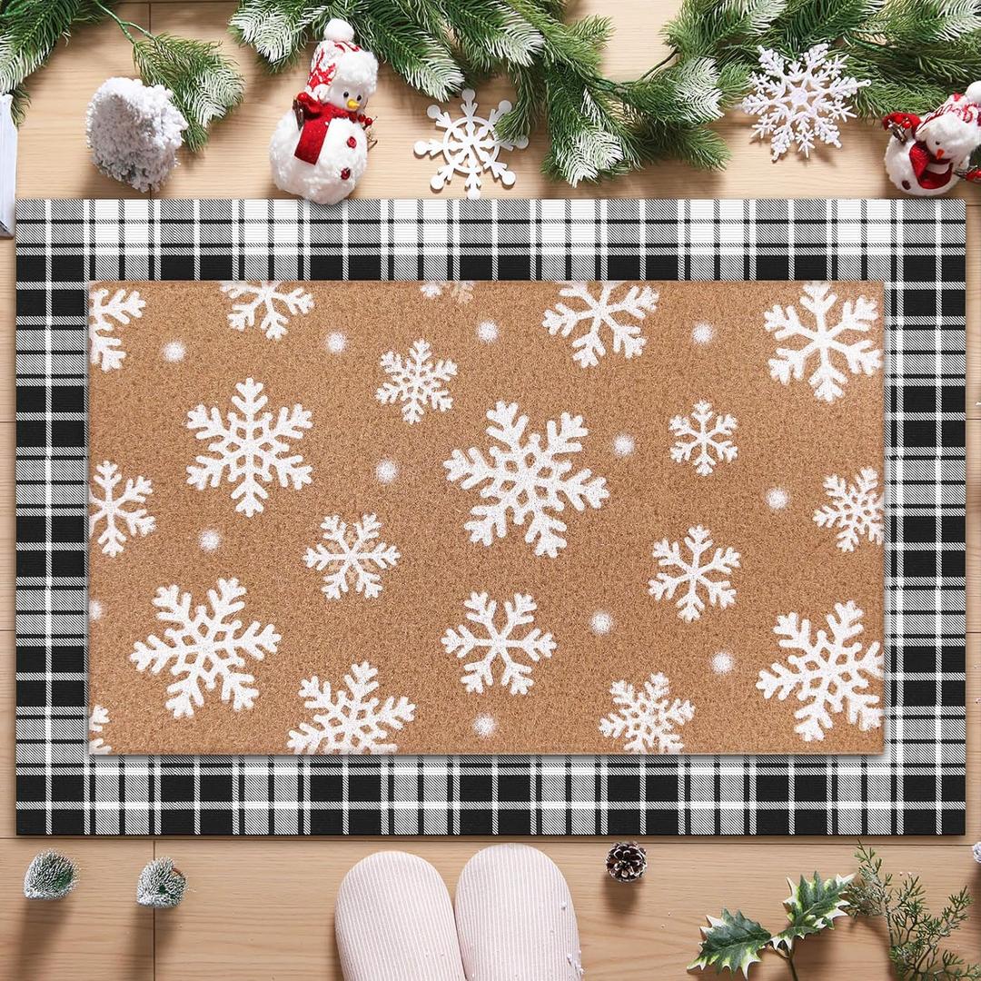 2 Pcs Winter Snowflake Double Layer Doormats, Non Slip Christmas Holiday Entry Rugs, 36'' x 24'' Fabric Welcome Mat 29'' x 17'' Coir Doormat for Front Porch Indoor Outdoor Decor (Black, White)