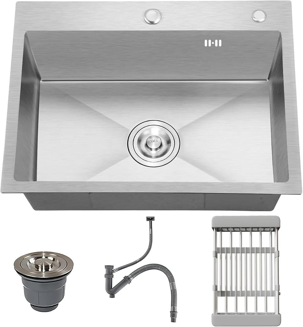 24-inch Single Bowl Kitchen Sink, Drop-in/Top-Mount Stainless Steel with Nano Coating, Includes Drain Kit & Fruit Basket, 24"x18"x8"