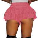 Women's Sequin Glitter Booty Shorts Layered Ruffle Sparkly Skirts High Waisted Club Party Rave Cheeky Skorts (Pink)