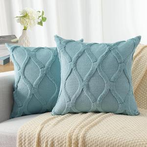 decorUhome Summer Throw Pillow Covers 18x18 Inch Set of 2, Soft Plush Faux Fur Wool Aqua Accent Couch Pillow Covers for Modern Farmhouse Bed Sofa Living Room