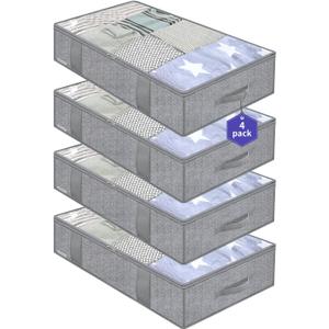 Onlyeasy Underbed Storage Bags Organizer, 4 Pack Large Capacity Under Bed Storage Containers with Reinforced Handles, Foldable Fabric Storage Bins with Clear Window, Herringbone Grey, 7MXRUBBP4 (Set of 4 Basic Soft Side Wall - Herringbone Grey)