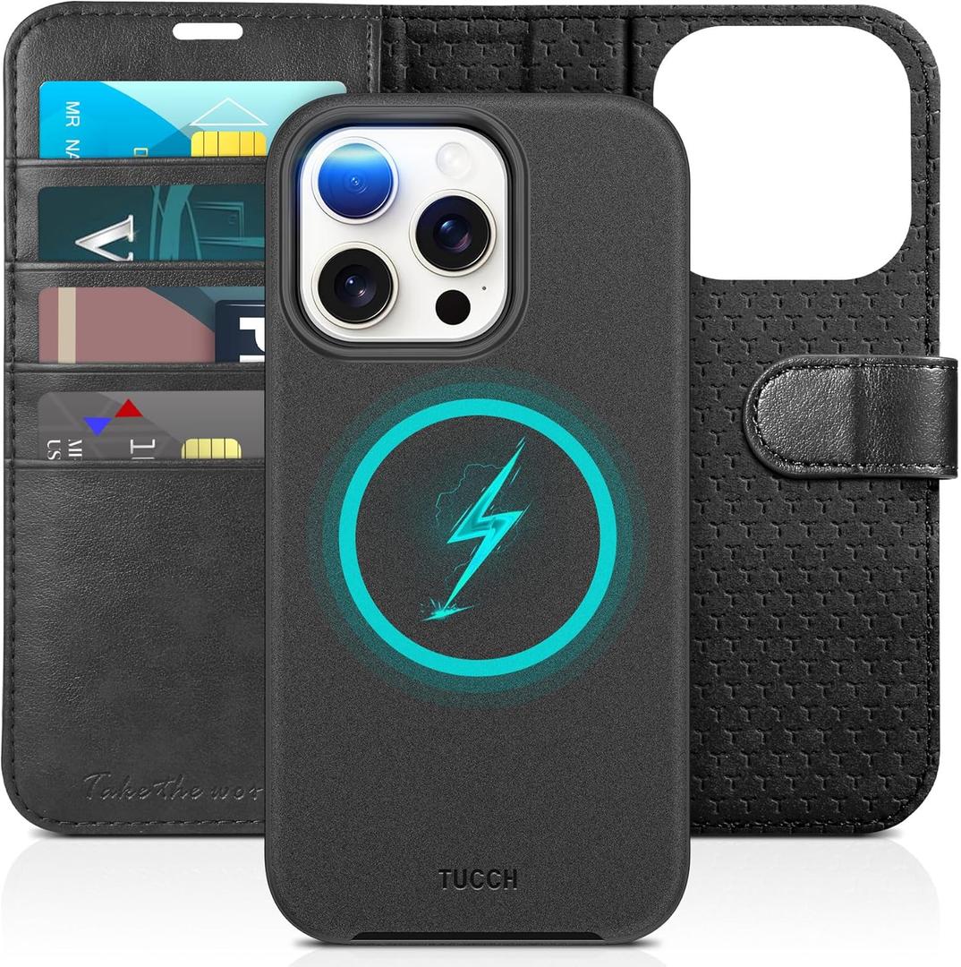 TUCCH Case Wallet for iPhone 15 Pro, Detachable Stand RFID Blocking 4 Card Slot Wireless Charging Shockproof Case, 2-in-1 Magnetic PU Leather Removable Folio Compatible with iPhone 15 Pro 6.1", Black