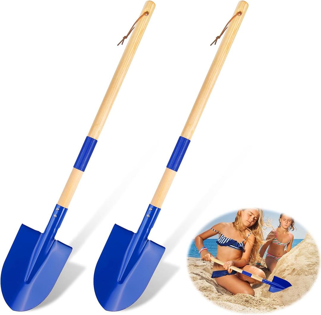 2 Pack Beach Shovels for Kids, 27.2" Long Detachable Kids Shovel with Wood Handle Metal Spade Sand Shovels for Digging Sand Gardening Beach Play Tool for Kids Adults Gifts (Blue)