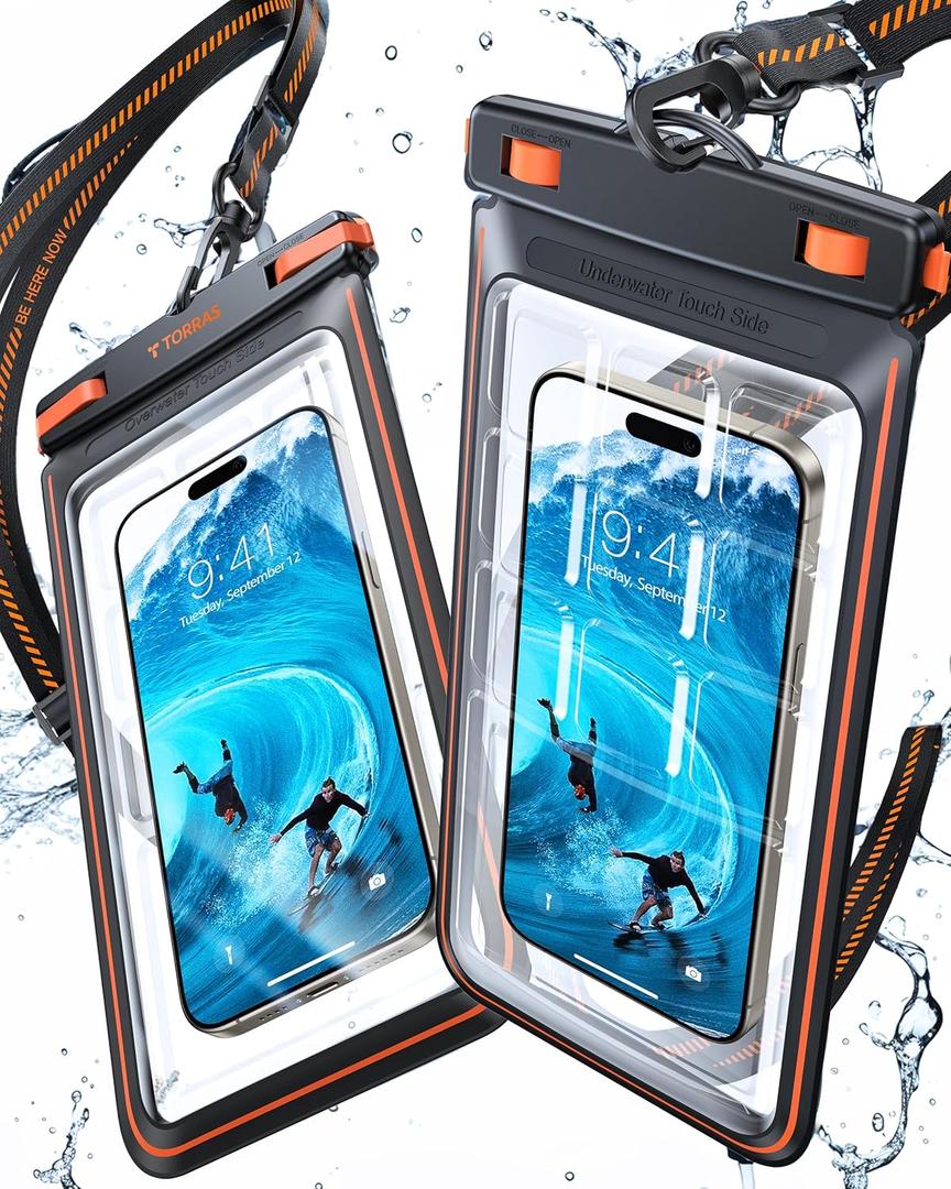 TORRAS 2 Pack IPX8 Waterproof Phone Pouch Floating, Underwater Screen Touchable, Waterproof Phone Case with Lanyard for iPhone 17 Pro Max 16 15 S24, Cell Phone Dry Bag Cruise Essentials 7.0", Black