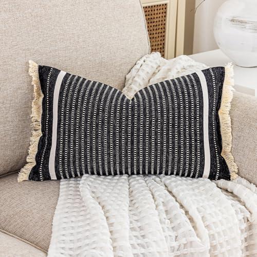 CARRIE HOME Modern Farmhouse Black Striped Lumbar Pillow Cover 12x20 with Tassels 1 Pack, Boho Decor Black and White Neutral Pillow Cover 12 x 20, Black Decorative Throw Pillows for Bed Couch Sofa