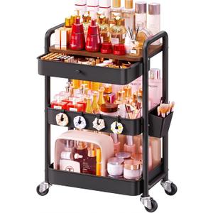 3 Tier Metal Rolling Makeup Organizer Cart with with Wheels and Drawers