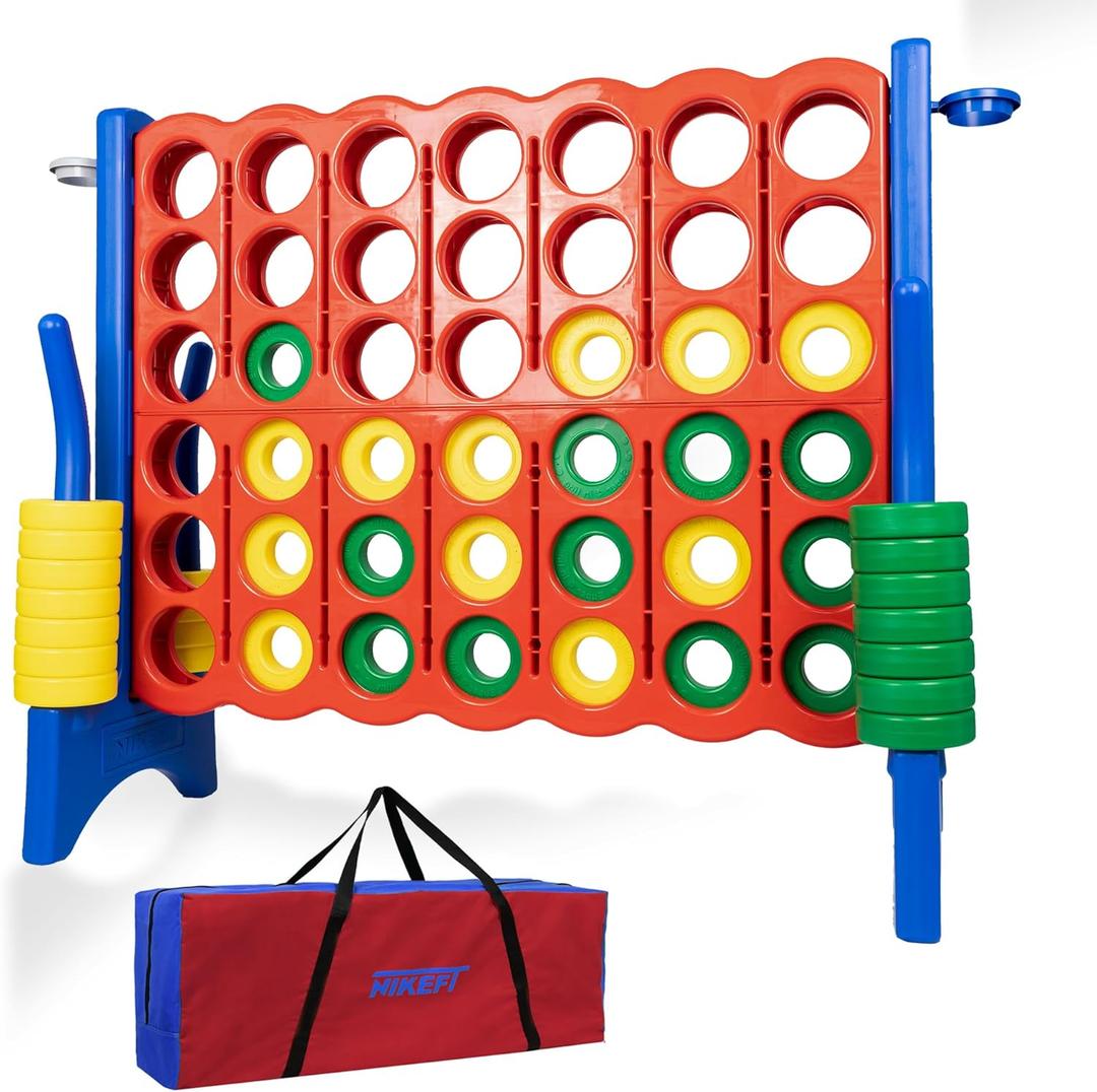 Oversized 4 in a Row Connect Game+Waterproof Carry Bag,Included-4 ft X 3.5 ft Tall,4-to-Score Jumbo with 44 Pieces Rings&Drink Holder,48 Super Size-Indoor&Outdoor Giant 4 Game for Kids&Adults (Red + Blue)