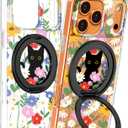 Loheckle for iPhone 17 Pro Max Case - Compatible with MagSafe Stand Women Girls Cute Clear Aesthetic Kawaii Unique Design Soft TPU Built-in Magnetic Stand Phone Cover for Apple 17 Promax, Cat Flower