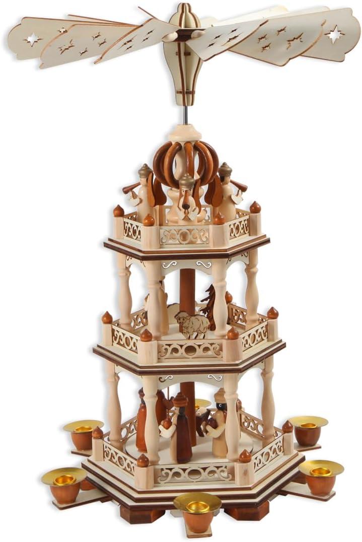 17 Inch Wooden Christmas Pyramid with 6 Candle Holders - Nativity Set for Christmas Tree - Holiday Decoration Carousel