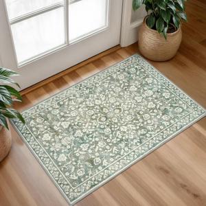 Vintage Entryway Rug Indoor, Sage Green Beige Washable Rug 2x3, Small Area Rug with Non-Slip Backing, Floral Print, Thin Faux Wool Super Soft Door Mat for Kitchen, Entrance, Bedroom, Office