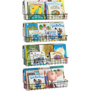 X-cosrack 4-Pack Wall Mounted Metal Kids Bookshelf, Floating Book Shelves for Kids Nursery Toddler Classroom, Hanging Book Shelf Organizer for Room Decor, Black (15.5 inch)
