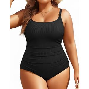 Women's Plus Size One Piece Swimsuit- Tummy Control Bathing Suit Ribbed Square Neck Swimwear 2025 (Black)